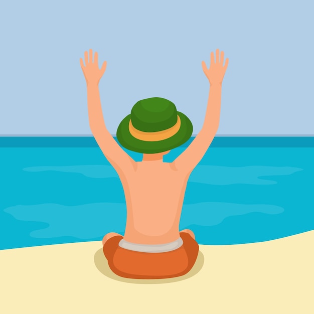 little boy wear hat sitting on sand raising hand having fun on the beach enjoying summertime