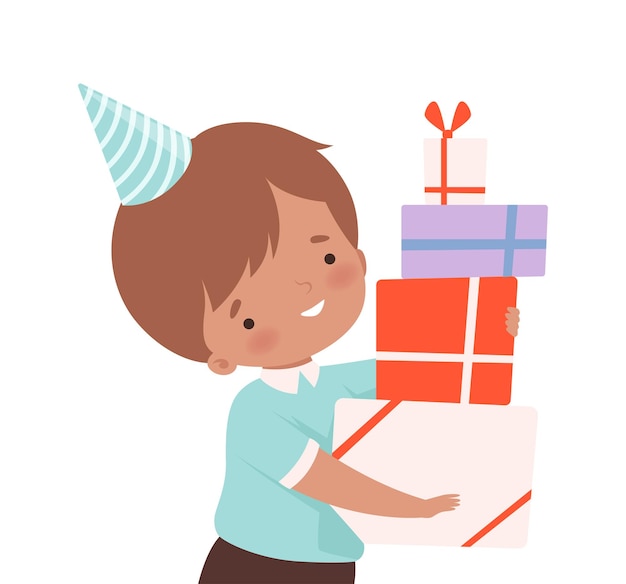 Vector little boy wearing birthday hat carrying pile of gift boxes vector illustration