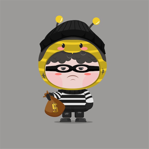 A little boy wearing burglar bee costume