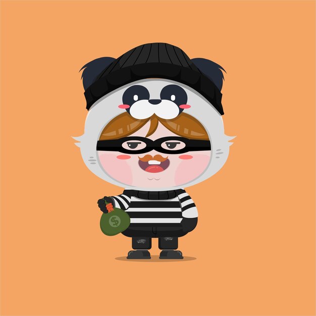 A little boy wearing burglar panda costume