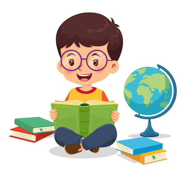 Vector little boy wearing glasses sitting on the floor happy reading book vector illustration