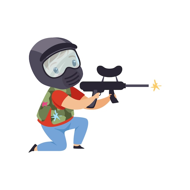 Little boy wearing mask and vest aiming with gun paintball player vector Illustration isolated on a white background