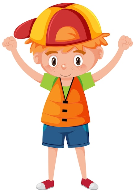 Little boy wearing orange life jacket in cartoon style