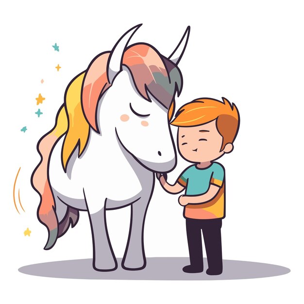 Little boy and white unicorn in a flat style