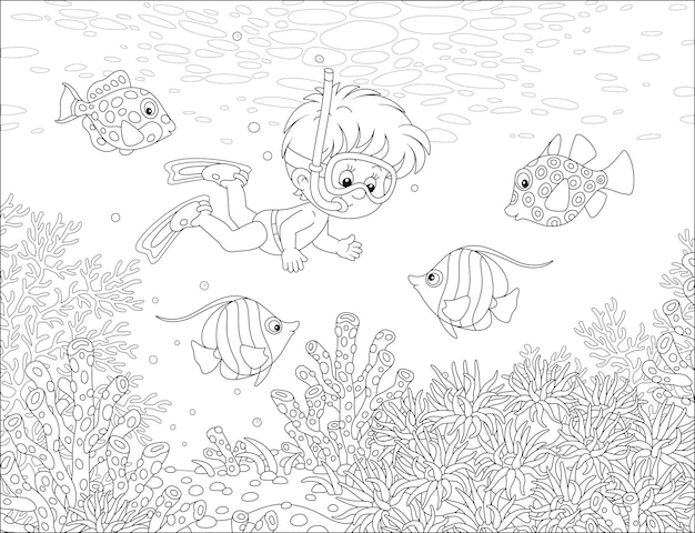 다이빙 마스크, 오리발, 열대 암초에서 재미있는 물고기와 함께 스노클링 다이빙을 하는 어린 소년