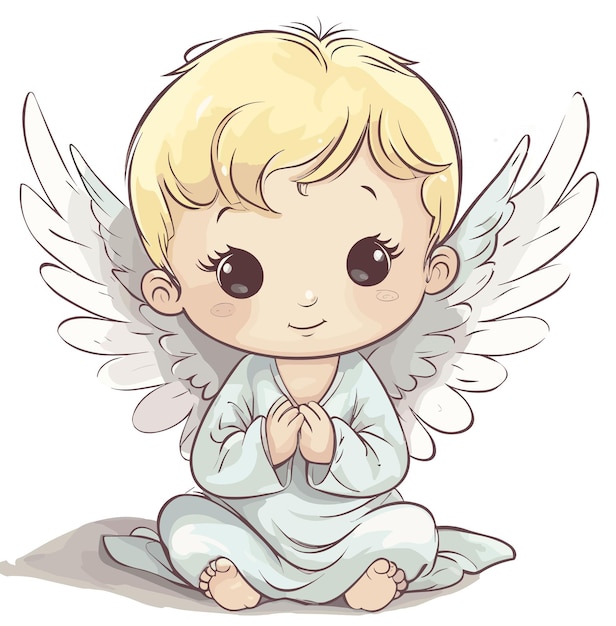 Vector a little boy with angel wings sitting on the floor.