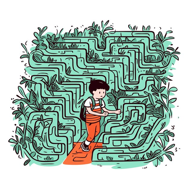 Vector little boy with a backpack goes through the maze