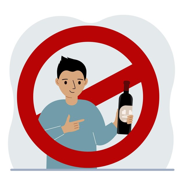 Ragazzino con una bottiglia di alcol in mano c'è un cartello rosso di divieto intorno al ragazzo il concetto di dipendenza da alcol nei bambini