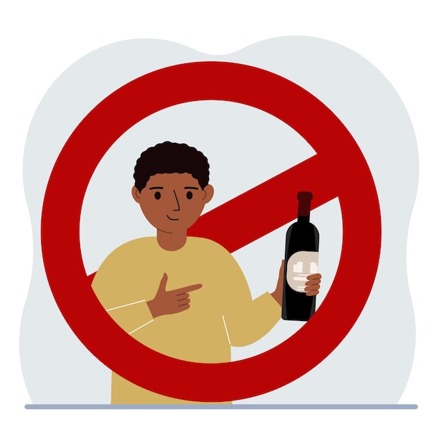 Little boy with a bottle of alcohol in his hand there is a red prohibition sign around the boy the concept of children's alcohol addiction