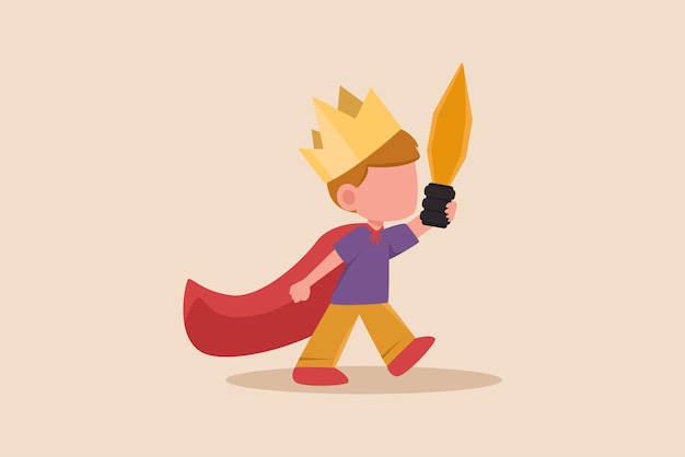 Little boy with a cape playing as a prince kindergarten activity concept Flat vector illustration isolated