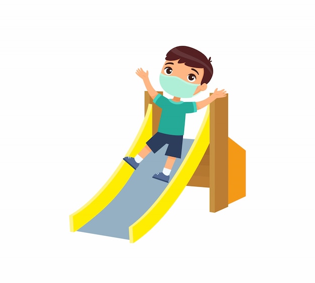 Little boy with face mask slides off a children's slide. Virus protection, allergies concept. Vacation and entertainment on the playground. Cartoon character. Flat   illustration.