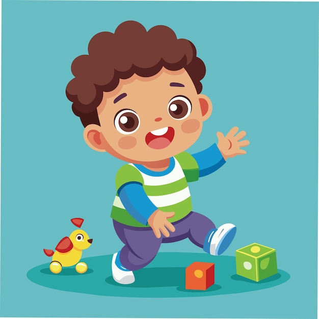 緑と白のストライプのシャツを着た小さな男の子がおもちゃで遊んでいる