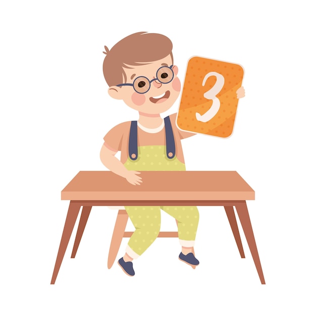 デスクに座っている数字ベクトルイラストのカードを示す3番目の小さな男の子