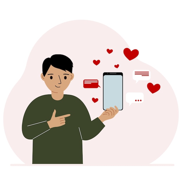 Little boy with a smartphone in his hand The concept of correspondence communication social networks Lots of hearts