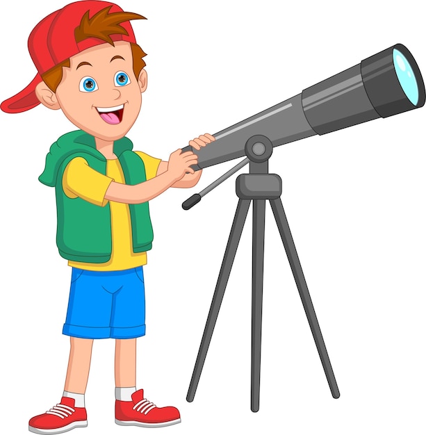 Vector little boy with telescope cartoon