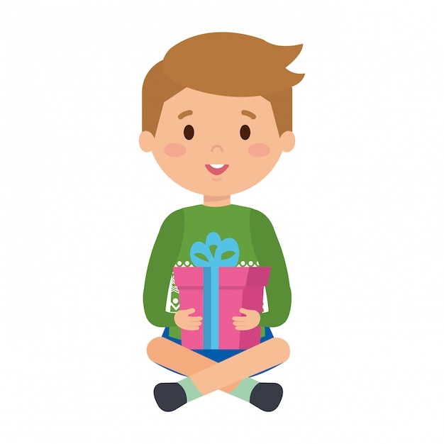 Vector little boy with winter clothes and gift