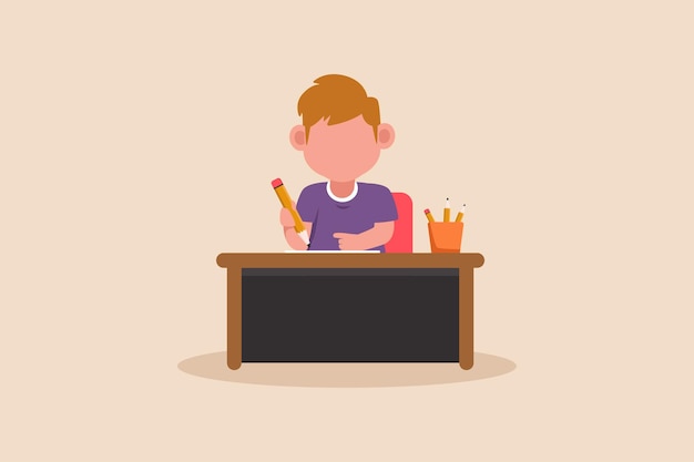 Little boy writing on his desk the concept of pupil activity in class Flat vector illustrations isolated