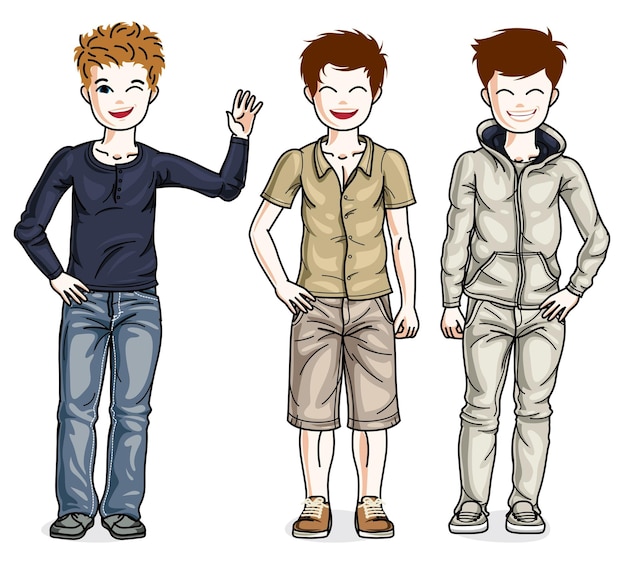 Little boys cute children standing in stylish casual clothes. Vector kids illustrations set. Childhood and family lifestyle clip art.