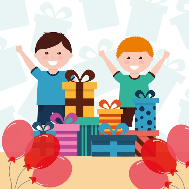 Vector little boys funny stacked gifts and balloons decoration