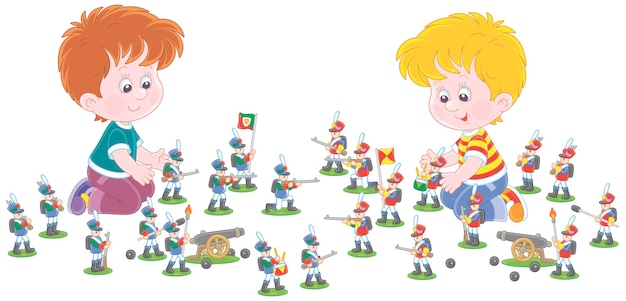 Little boys playing with toy soldiers and leading their small armies in an attack in a funny game