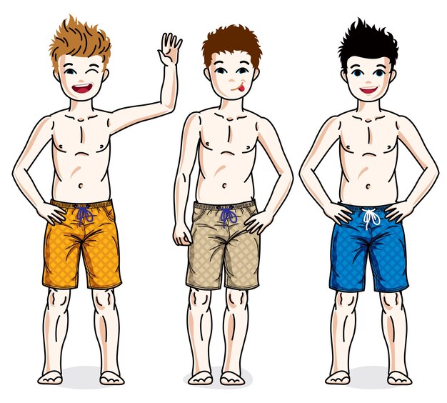 Vector little boys standing wearing fashionable beach shorts. vector diversity kids illustrations set.