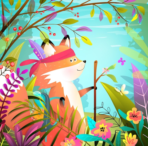 Il piccolo e coraggioso animale volpe va avventura escursionistica nel paesaggio forestale selvaggio e luminoso. illustrazione esotica dell'avventuriero di animali colorati per bambini in stile acquerello. cartone animato.