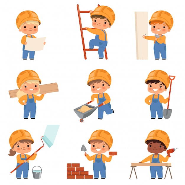 Vector little builders. childrens with construction tools making job working builders in yellow helmet characters