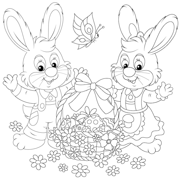 Little bunnies and a decorated easter basket with painted eggs and flowers