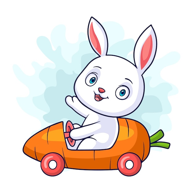 Little bunny cartoon driving a carrot shaped car on a white background