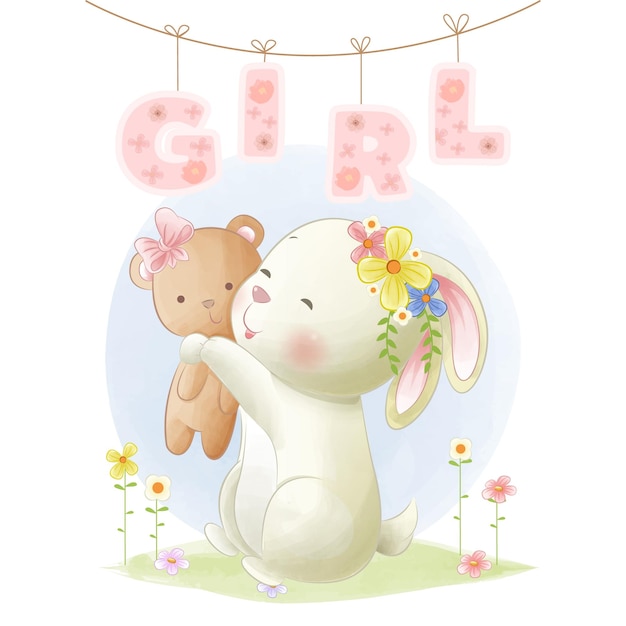 Little bunny embraces teddy bear baby girl milestone card