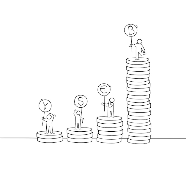 Little business people with stack of coins.