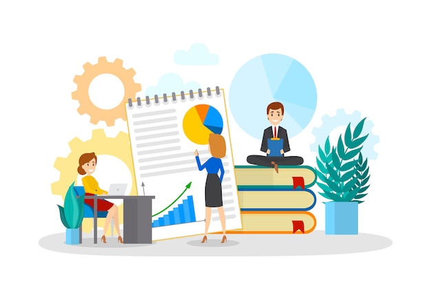 Little business people working together. Make up strategy and get achievement. Woman show the presentation or business plan. Work process. Isolated flat vector illustration