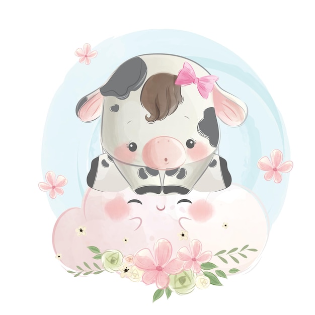 Vector little calf girl sitting on cute cloud