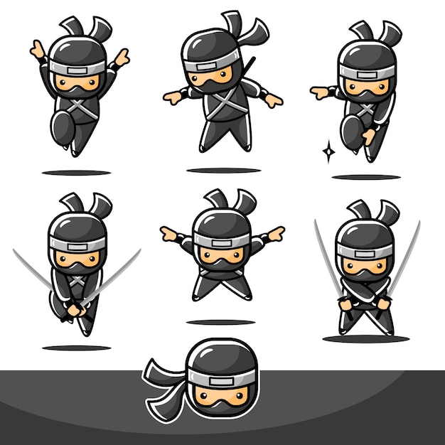 Ninja Cartoon Character in Various Poses Set 7619514 Vector Art at