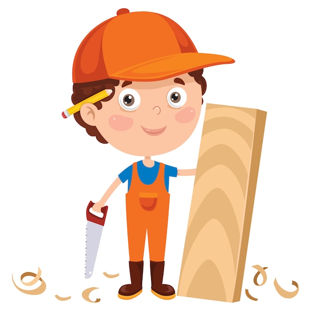 Little cartoon carpenter working with woods