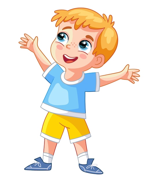 Little cartoon happy boy in blue and yellow clothes of the colors of the Ukrainian flag with hands up Peace in Ukraine poster concept Vector illustration isolated on white background