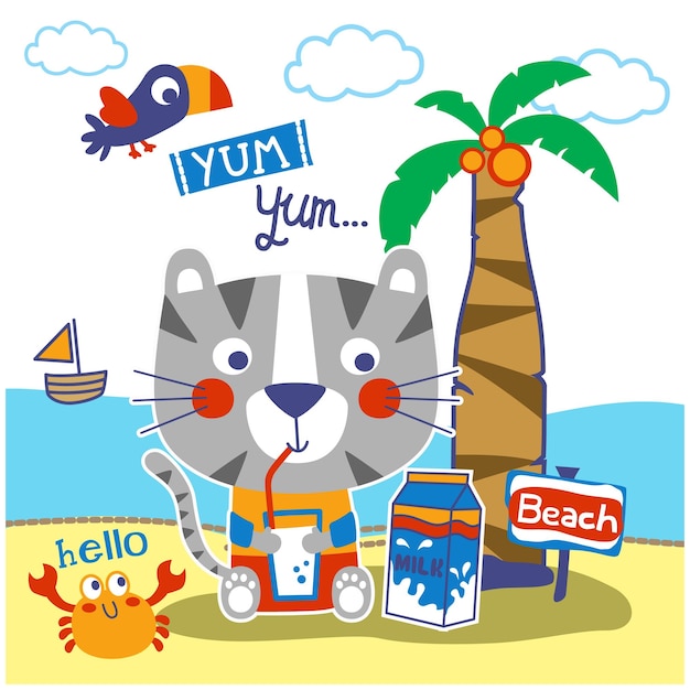 Vector a little cat in the beach funny cartoon