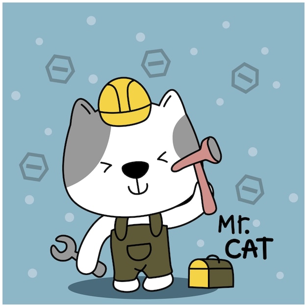 Vector a little cat the builder funny cartoon