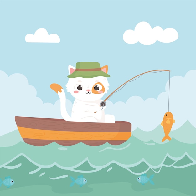 Little cat fishing in the river on a boat