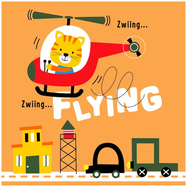 A little cat on the helicopter funny cartoon