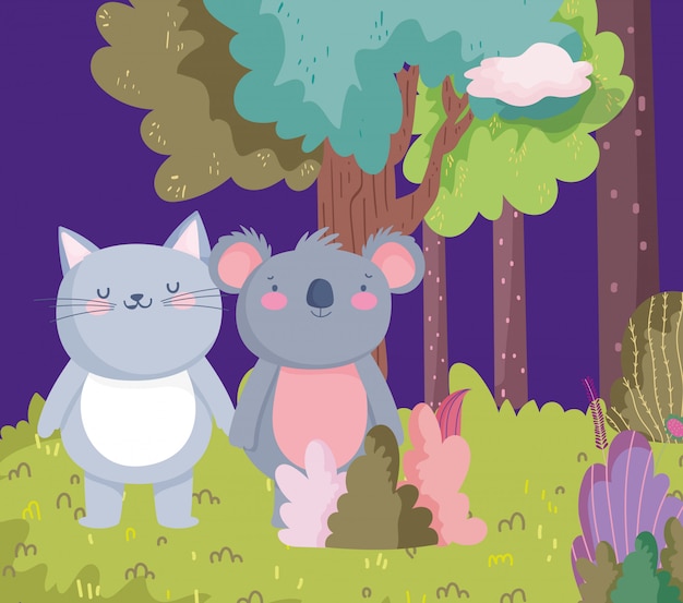 Little cat and koala cartoon character forest foliage nature 