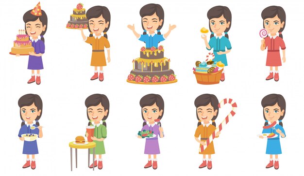 Vector little caucasian girl character set