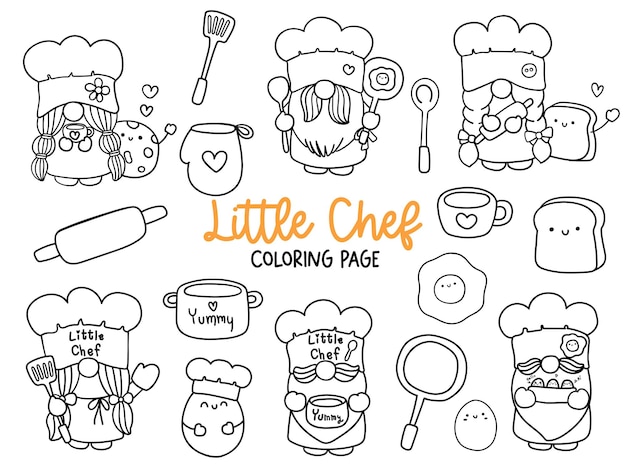 Vector little chef gnome doodle kitchen gnome coloring page
