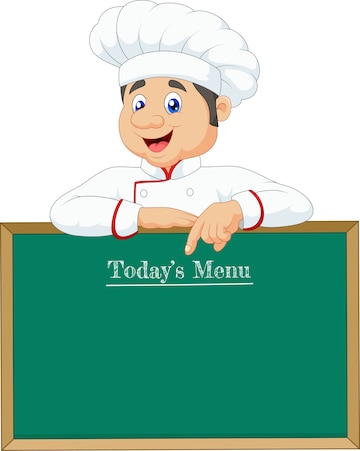 Premium Vector | Little chef pointing at a banner or menu