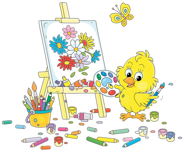 Vector little chick painter drawing summer flowers on an easel with a paintbrush paints and color pencils