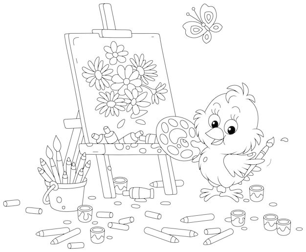 Vector little chick painter drawing summer flowers on an easel with a paintbrush paints and pencils