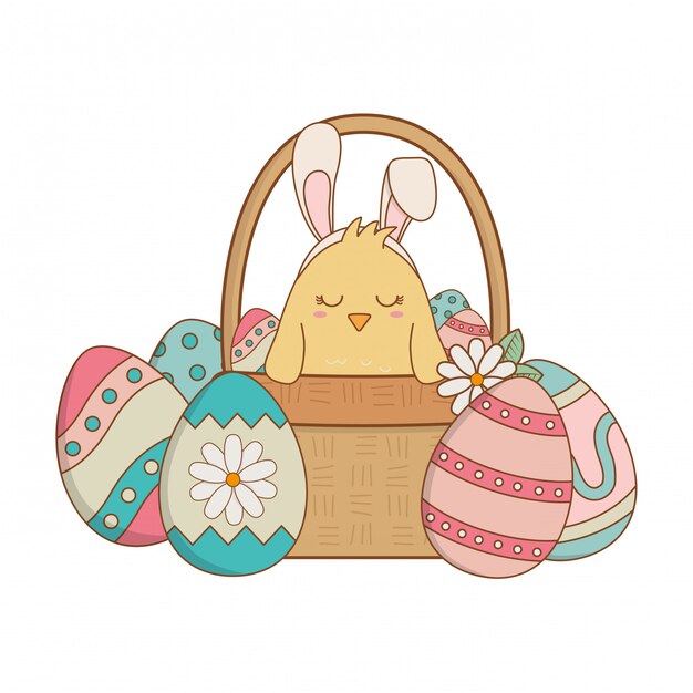 Vector little chick with ears rabbit in basket and eggs painted