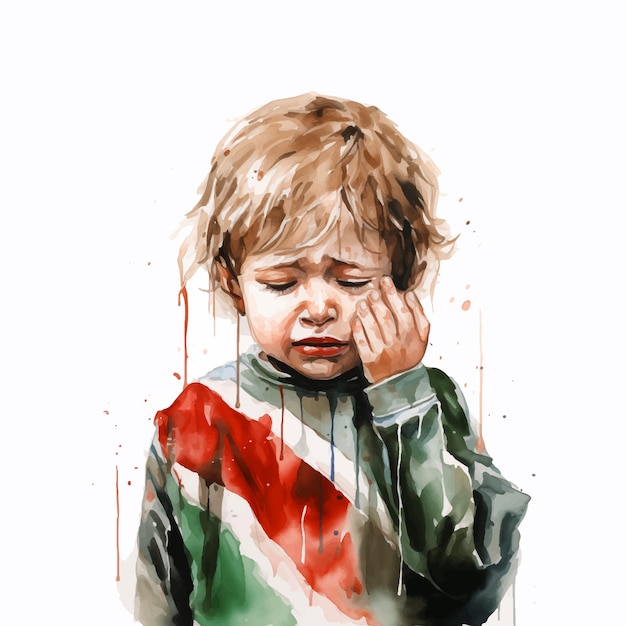 Vector little child crying watercolor paint