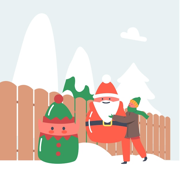 작은 아이는 산타 클로스와 엘프의 크리스마스 동상으로 집 마당을 장식하여 크리스마스, 펜스 근처의 스노우 드리프트에 넣었습니다.