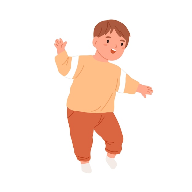Little child start walking. Happy kid going. Smiling toddler running. Portrait of funny joyful boy. Glad son moving and laughing. Flat vector illustration isolated on white background